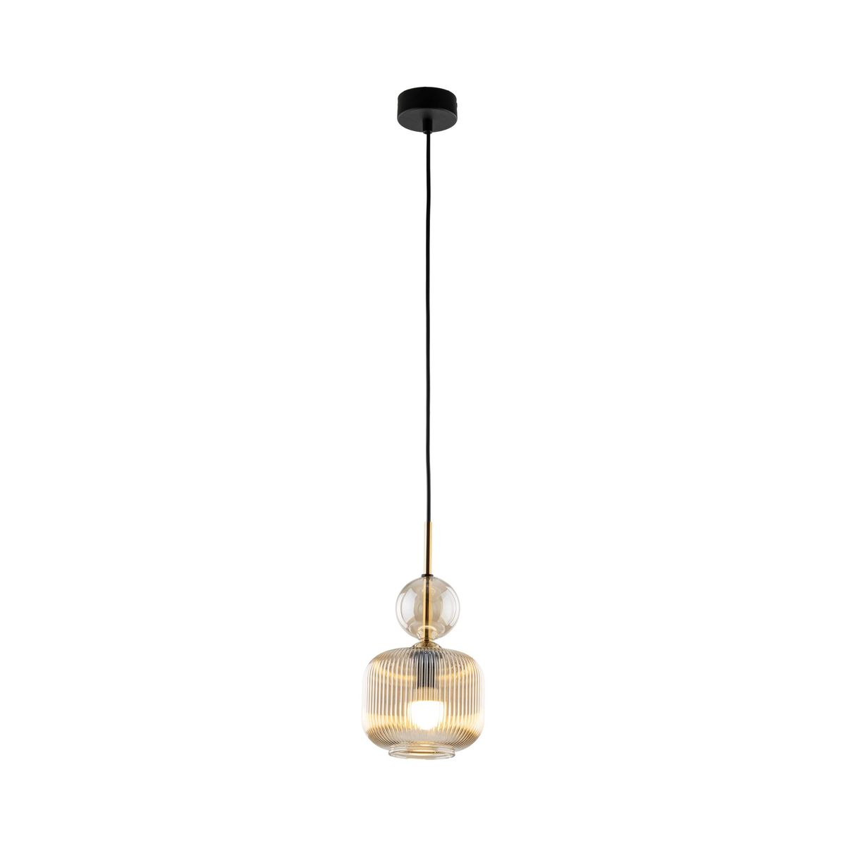 Lampa wisząca Sophia 1xE14 w kolorze bursztynowym, z przezroczystym kloszem w pionowe pasy. Zawieszona na czarnym przewodzie, z okrągłą podsufitką. Klosz ma zaokrąglony kształt oraz dekoracyjny element na górze.