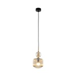 Lampa wisząca Sophia 1xE14 w kolorze bursztynowym, z przezroczystym kloszem w pionowe pasy. Zawieszona na czarnym przewodzie, z okrągłą podsufitką. Klosz ma zaokrąglony kształt oraz dekoracyjny element na górze.