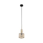 Lampa wisząca Sophia z jednym gniazdem E14, wykonana z bursztynowego szkła z rzeźbioną fakturą. Ma czarny, okrągły sufitowy uchwyt oraz długi, czarny kabel. Kształt okrągły, elegancka forma.