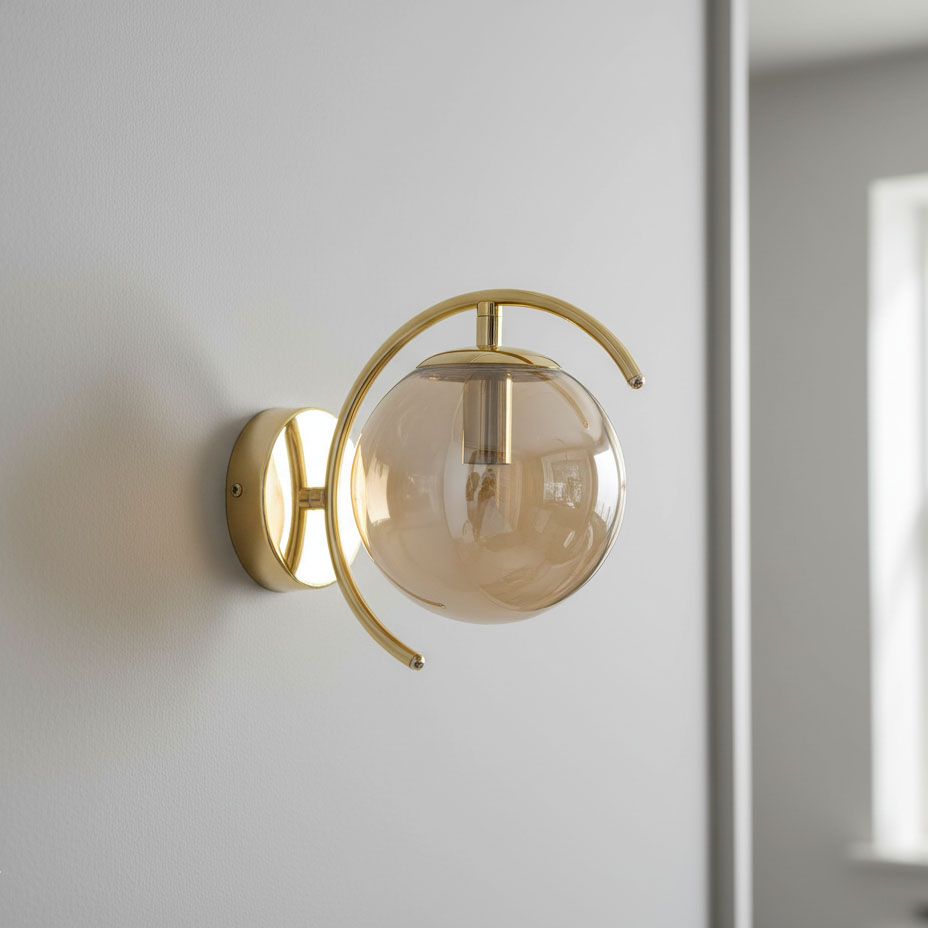 Złoty kinkiet El Dorado 1-punktowy z przezroczystą, okrągłą kloszem, zamontowany na ścianie. Klosz osadzony na metalowej konstrukcji z delikatnym łukiem, tworząc nowoczesny i elegancki wygląd. Tło w neutralnym kolorze.