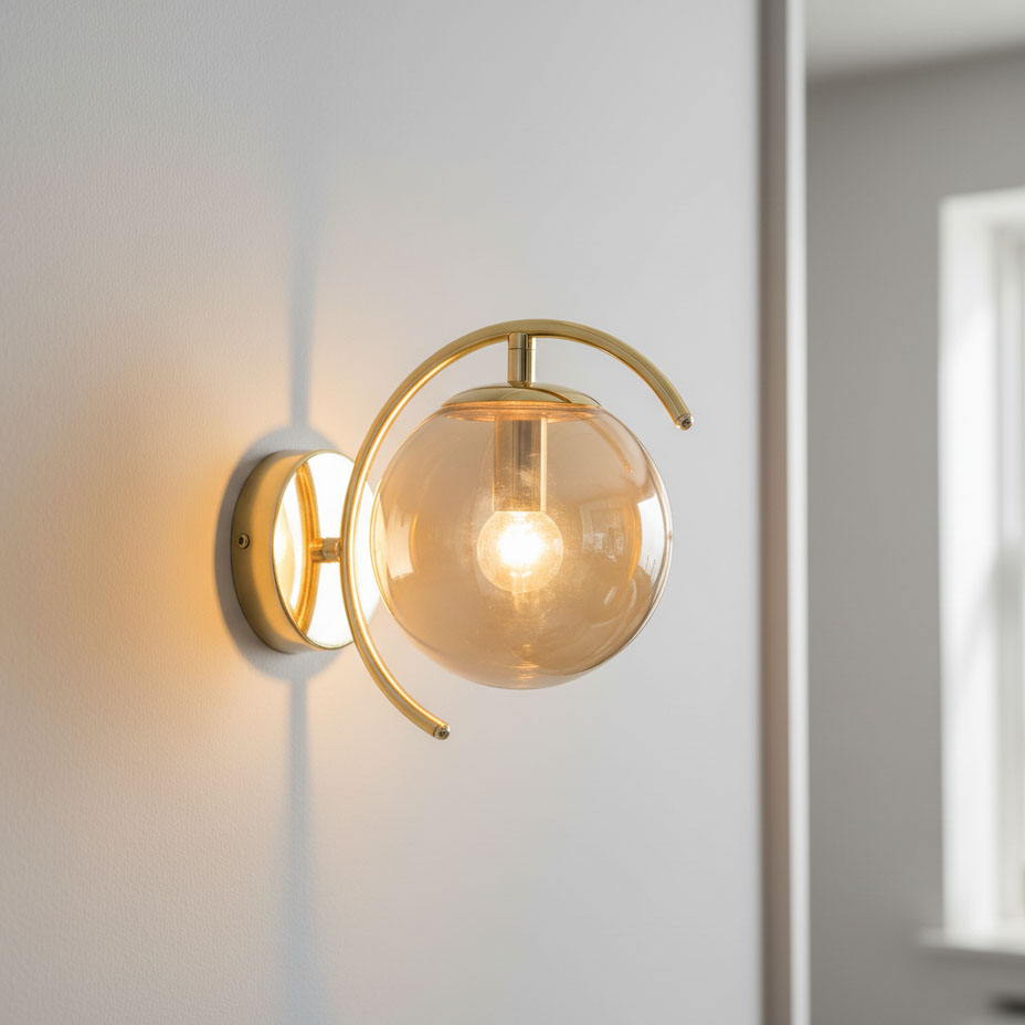 Kinkiet El Dorado 1-punktowy w kolorze złotym, z okrągłą, przezroczystą kloszem wykonanym z szkła. Produkt zamontowany na ścianie, z dekoracyjnym, zaokrąglonym uchwytem. Widoczna żarówka w środku klosza, emitująca ciepłe światło.