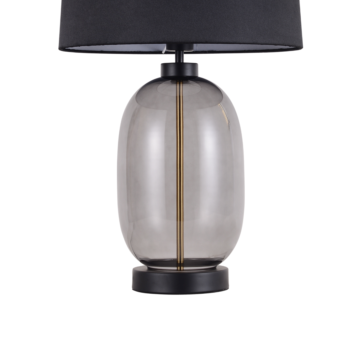 Lampa stołowa Amur 1xE27 LP-919/1T w kolorze dymnym, z okrągłym szklanym kloszem i złotą dekoracją w środku. Podstawa z czarnego metalu, abażur w kolorze czarnym. Ujęcie frontalne, stojąca na stole.