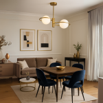 Lampa wisząca Dorado LP-002/2C w kolorze złotym z dwoma okrągłymi kloszami. Zawieszona w centralnej części pomieszczenia nad drewnianym stołem, otoczona niebieskimi krzesłami. W tle widoczne dekoracyjne obrazy i rośliny.