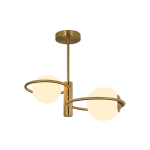Lampa wisząca Dorado z dwoma źródłami światła E14, w kolorze złotym. Posiada dwa okrągłe, białe klosze umieszczone w metalowych pierścieniach, zawieszona na cienkim pręcie. Prosty, nowoczesny design na białym tle.