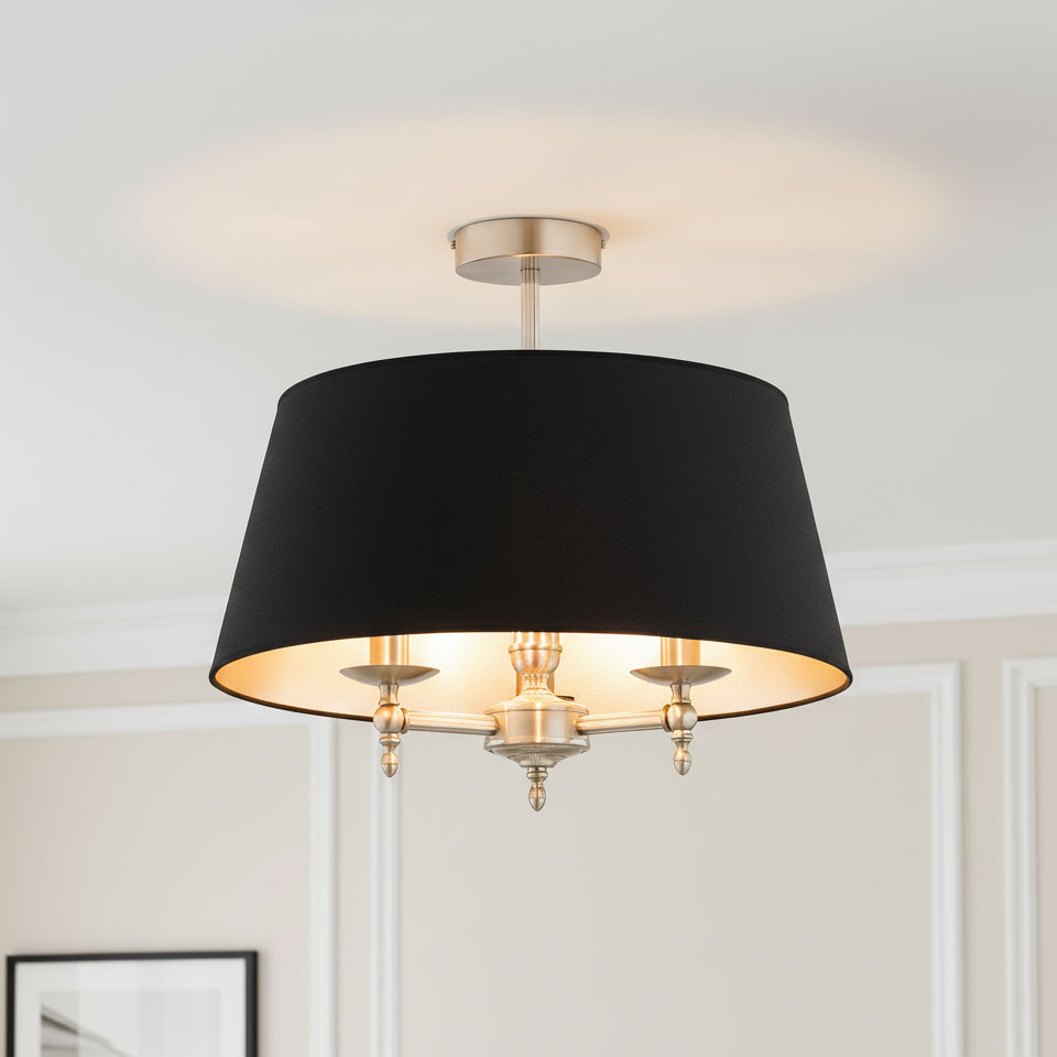 Lampa sufitowa Roksana z trzema gniazdami E14, w kolorze antycznego złota i czerni. Okrągły, czarny klosz z wewnętrzną złotą warstwą, zawieszony na metalowej konstrukcji. Zbliżenie na detale mocowania i żarówek.