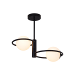 Lampa wisząca Dorado w kolorze czarnym z dwoma okrągłymi kloszami w białym kolorze. Produkt zawieszony na cienkim pręcie, z eleganckim pierścieniem wokół kloszy, idealny do nowoczesnych wnętrz.
