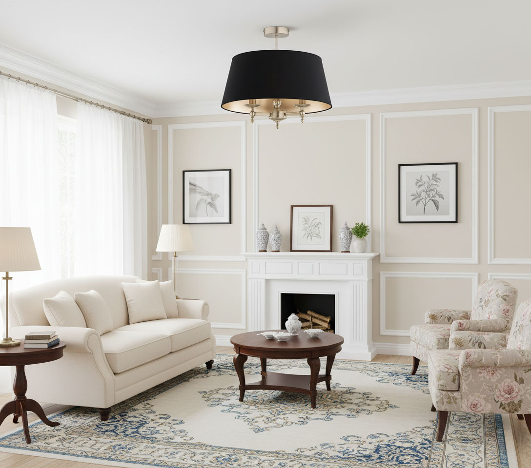 Lampa sufitowa Roksana 3xE14 w kolorze antycznego złota i czarnym, wisząca na metalowym stelażu, z dużym kloszem. Oświetlenie w eleganckim wnętrzu, z białą sofą i drewnianym stołem na tle jasnych ścian.