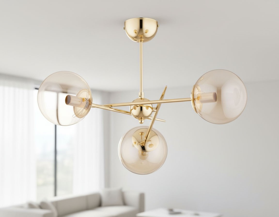 Złota lampa wisząca Primery Gold z trzema kloszami E14. Klosze w kształcie kulistym wykonane z przezroczystego szkła, umieszczone na metalowej konstrukcji. Lampa zawieszona w nowoczesnym wnętrzu, na jasnym tle.