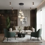 Lampa wisząca Sophia z pięcioma bursztynowymi kloszami w kształcie kul, zawieszona na czarnym stelażu. Widoczna w nowoczesnym wnętrzu z jasną sofą, zielonymi fotelami i okrągłym stolikiem na dywanie.