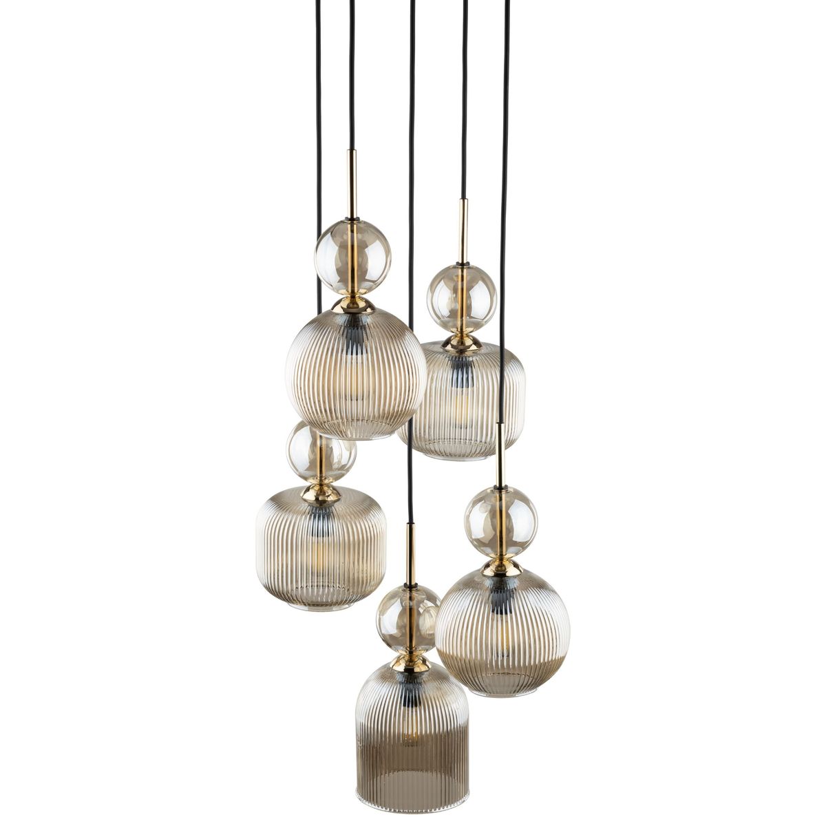 Lampa wisząca Sophia z pięcioma kloszami E14 w bursztynowym kolorze. Klosze o różnorodnych kształtach: okrągłe i cylindryczne, teksturowane, z metalowymi detalami. Zawieszona na czarnych przewodach, idealna do nowoczesnych wnętrz.