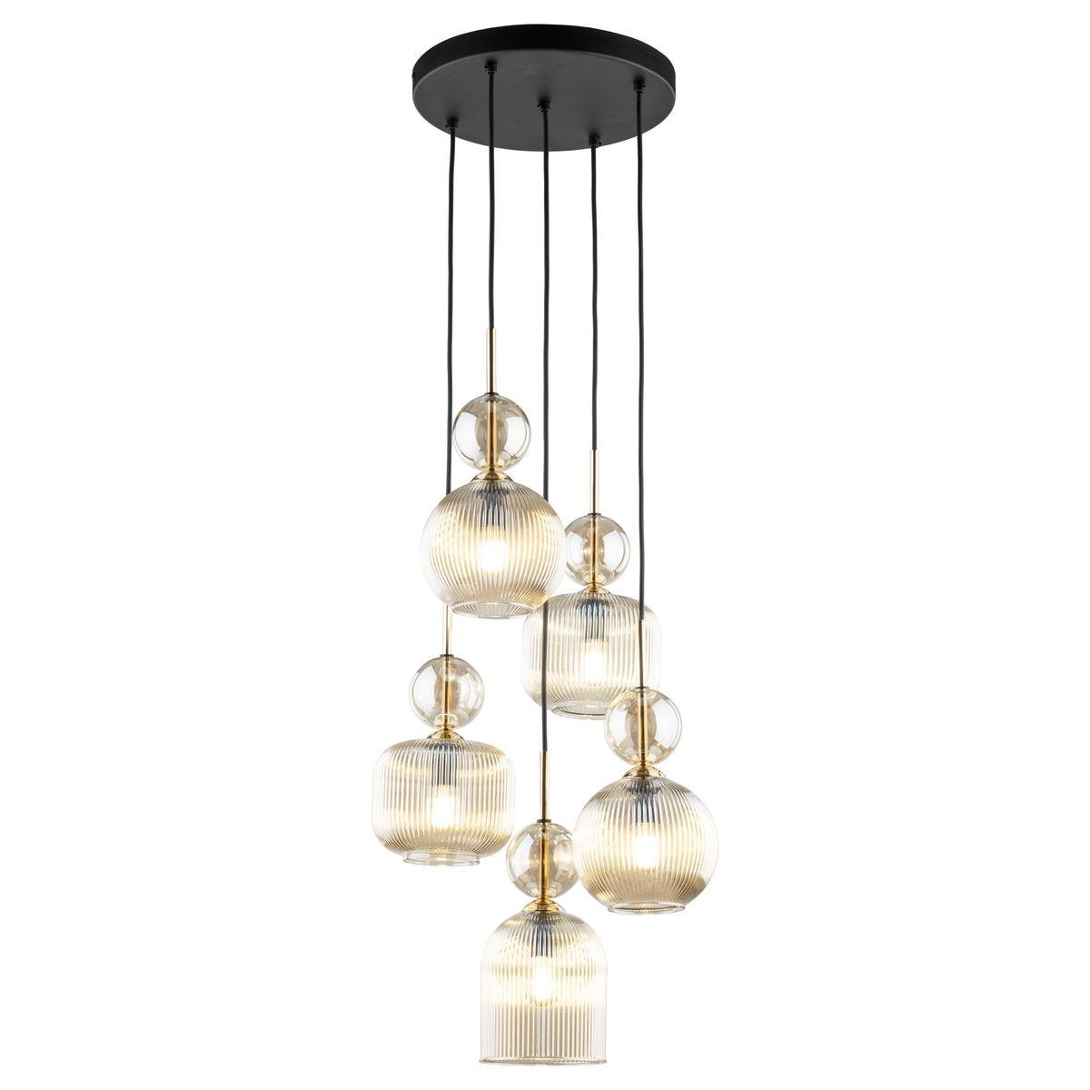 Lampa wisząca Sophia z pięcioma kloszami w bursztynowym kolorze, zawieszona na czarnych przewodach. Klosze o różnych kształtach, z teksturowanym szkłem, tworzą efektowną kompozycję. Montowana na okrągłej podstawie sufitowej.