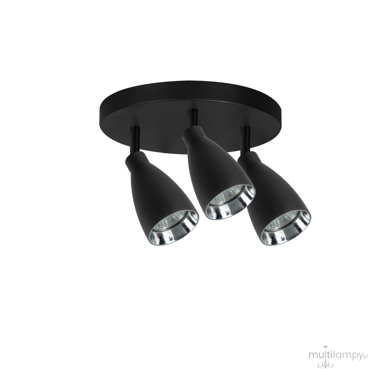 Czarna lampa sufitowa Campana z trzema spotami GU10. Ułożona płasko na okrągłej podstawie, każdy reflektor ma stożkowaty kształt i wykończenie z metalu. Lampa idealna do oświetlenia wnętrz.