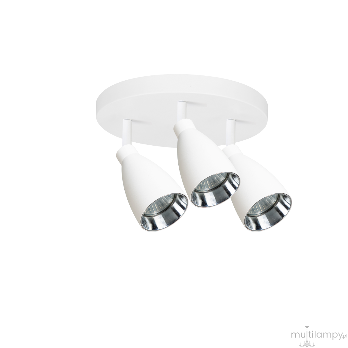 Lampa sufitowa Campana w kolorze białym z trzema reflektorami GU10. Reflektory mają lekko zaokrąglony kształt, z metalicznymi wnętrzami. Zamontowana na okrągłej, białej podstawie, idealna do nowoczesnych wnętrz.