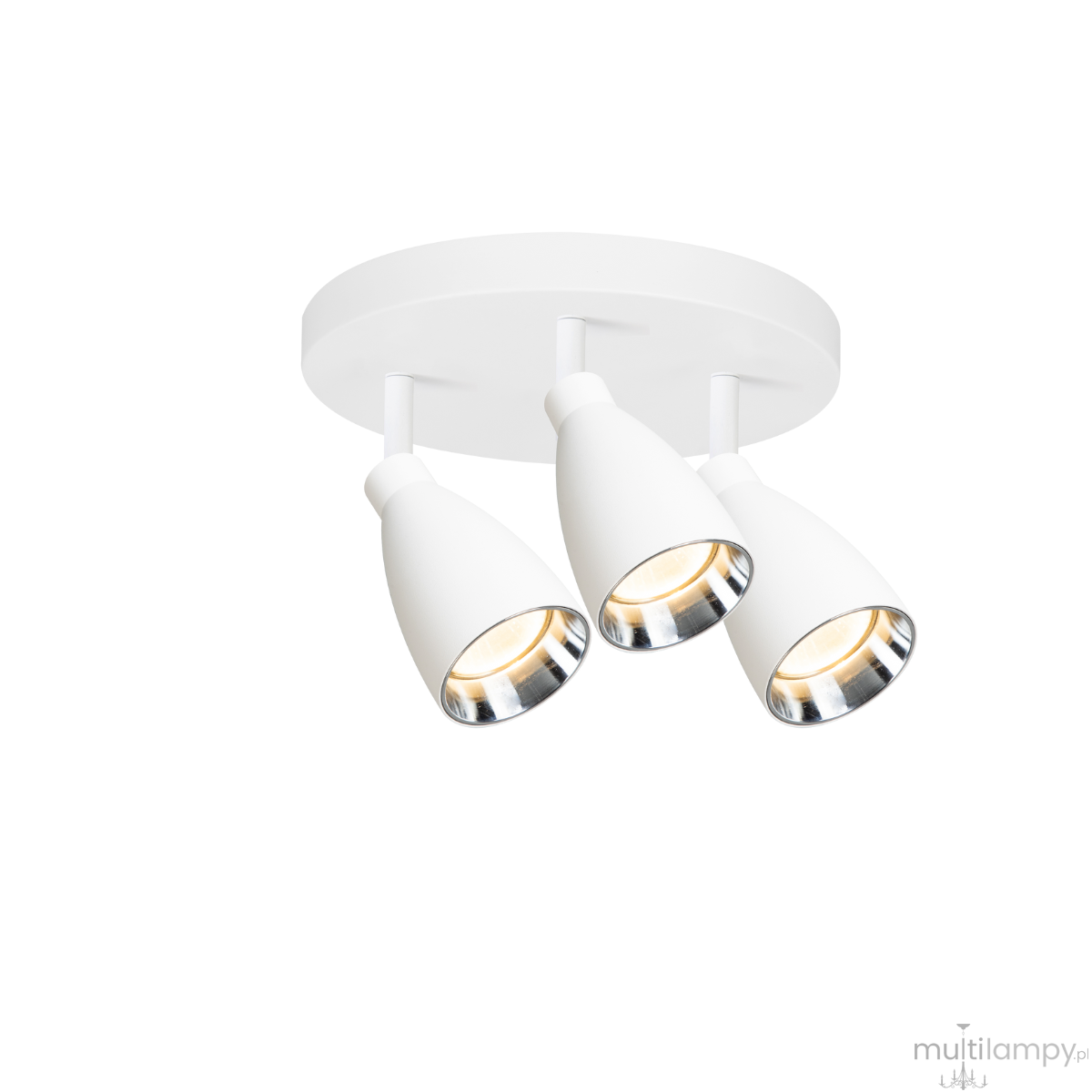 Lampa sufitowa Campana z trzema reflektorami GU10 w kolorze białym. Reflektory o kształcie stożkowym z metalicznymi obrzeżami, montowane na okrągłej podstawie. Stojąca w pozycji poziomej, idealna do oświetlenia wnętrz.