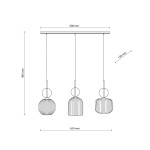 Lampa wisząca Sophia 3xE14 w kolorze bursztynowym, z trzema okrągłymi kloszami o pionowych żłobieniach, zawieszona na prostokątnej podstawie. Wymiary: długość 600 mm, wysokość 900 mm, odstęp 150 mm.