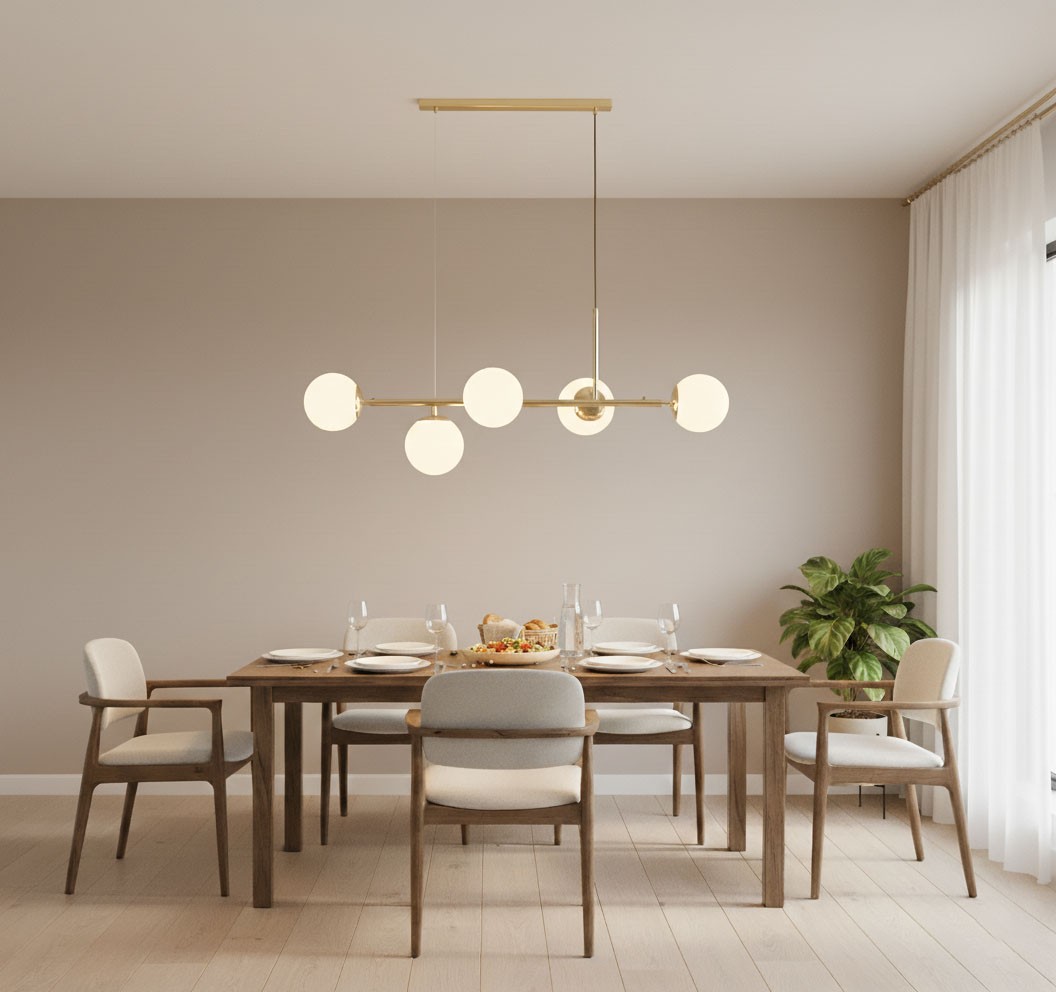 Lampa wisząca Dansa 5xE14 w kolorze złotym i białym, zawieszona nad drewnianym stołem w jadalni, z pięcioma okrągłymi kloszami. W tle widoczna roślina oraz nakryty stół z talerzami i kieliszkami. Ściana w odcieniu beżowym.