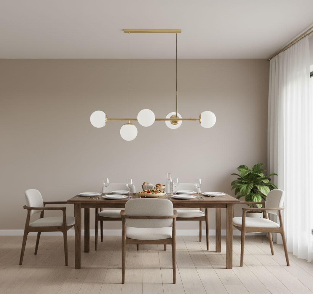 Lampa wisząca Dansa w kolorze złota i białego, z pięcioma okrągłymi kloszami, zawieszona nad drewnianym stołem w jasnym wnętrzu. W tle widoczne krzesła z jasnym obiciem i roślina doniczkowa.