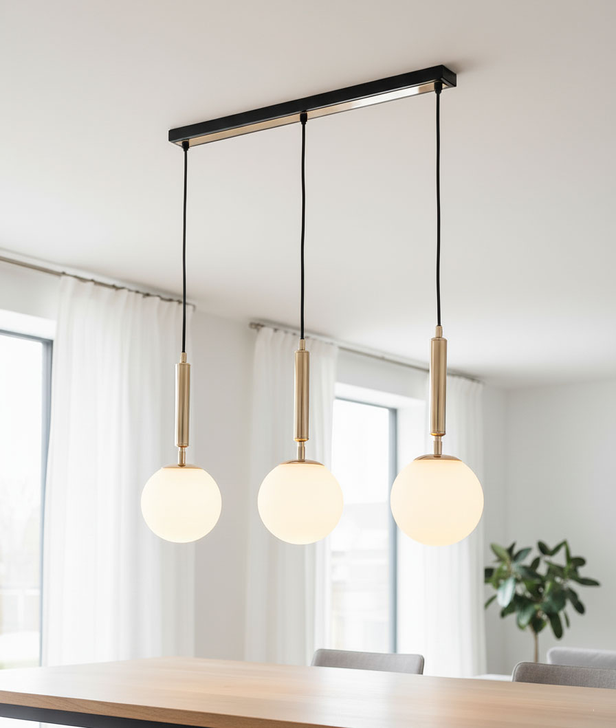 Lampa wisząca Volda Picolo White, 3-punktowa, z trzema okrągłymi kloszami w białym kolorze, zawieszona na czarnych przewodach. Metalowe elementy w kolorze złotym, zamontowana na prostokątnej czarnej podstawie, w nowoczesnym wnętrzu.