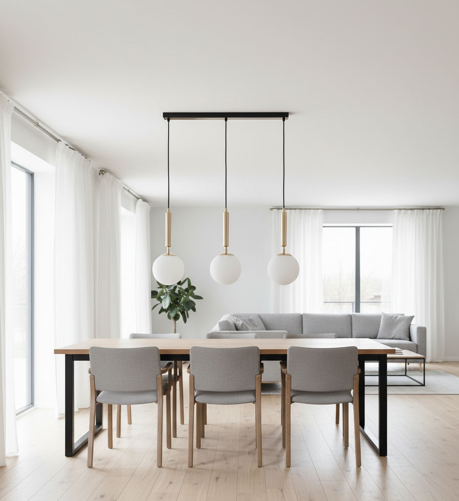 Lampa wisząca Volda Picolo White, 3-punktowa, z czarnym stelażem i złotymi detalami, zawieszona nad drewnianym stołem w nowoczesnym wnętrzu. W tle szare krzesła i kanapa, duże okna z firanami.