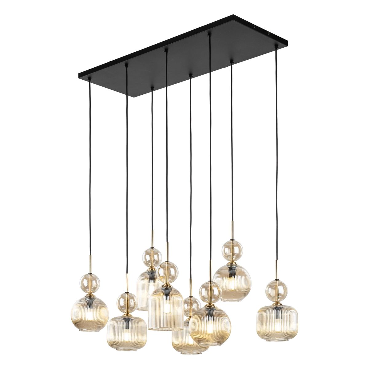 Lampa wisząca Sophia z 8 kloszami E14 w bursztynowym kolorze, zawieszona na czarnym stelażu. Klosze o różnorodnych kształtach, z wyraźnymi żłobieniami, zwisają na cienkich linkach. Całość nadaje elegancki wygląd.