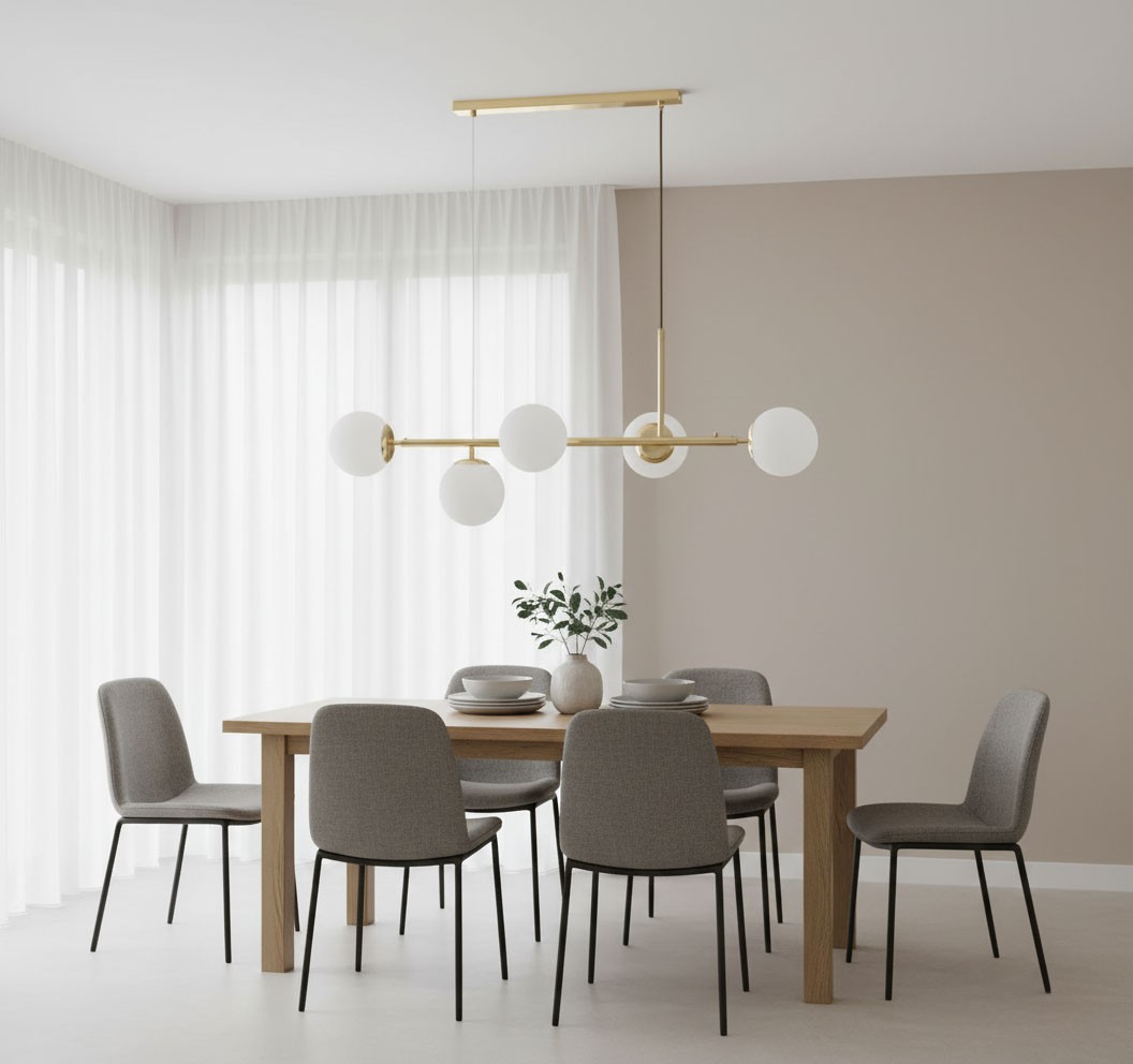 Lampa wisząca Dansa z pięcioma punktami świetlnymi, w złotym kolorze z białymi kloszami. Zawieszona nad drewnianym stołem w jasnym wnętrzu, z szarymi krzesłami i roślinnością w tle. Kąt ujęcia frontalny, pokazujący detale i proporcje.