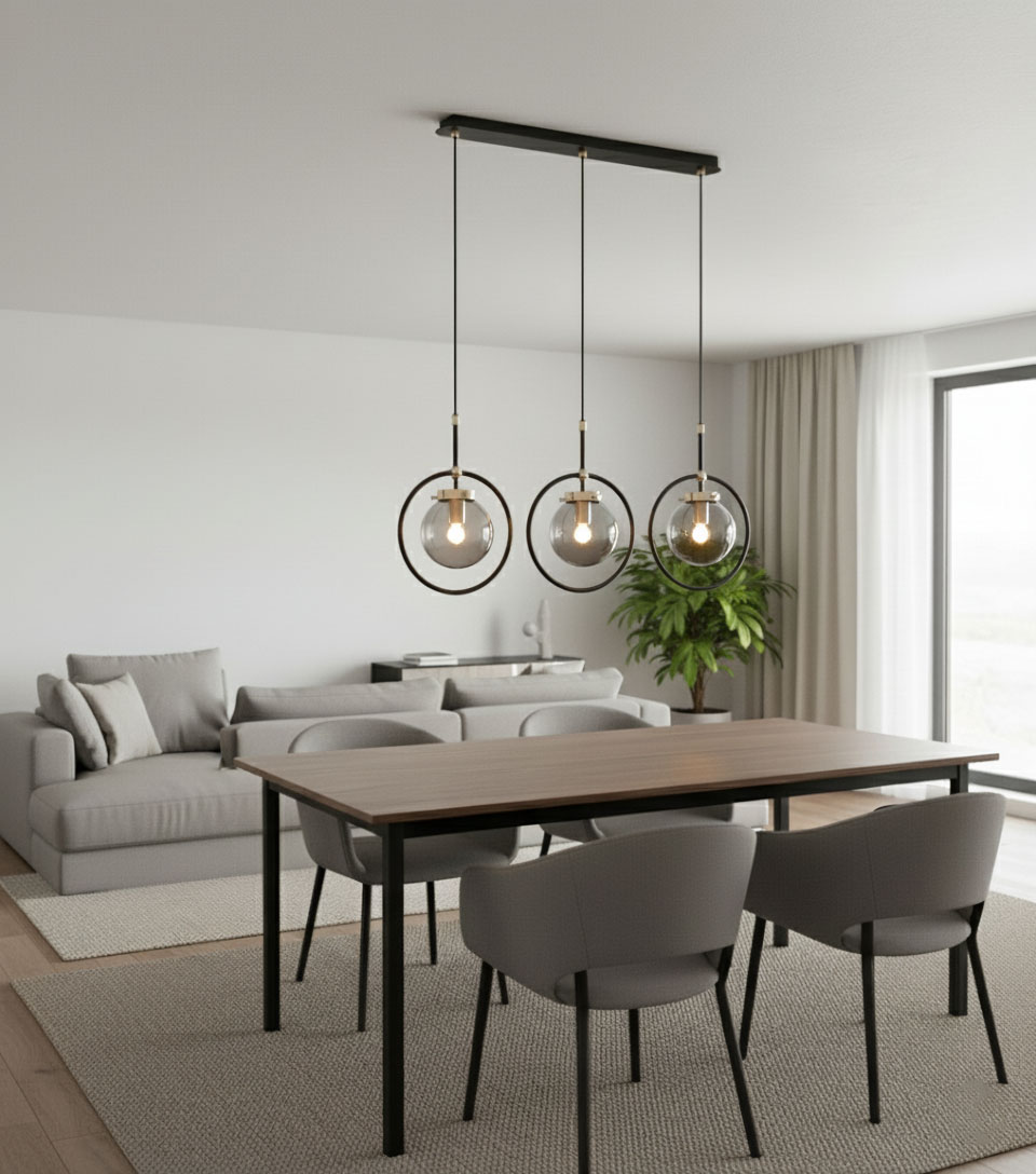 Lampa wisząca Akira 3-punktowa w kolorze czarnym i złotym, z trzema okrągłymi kloszami, zawieszona na prostokątnej podstawie. Elementy metalowe w złotym kolorze, lampa umieszczona nad drewnianym stołem w nowoczesnym wnętrzu.