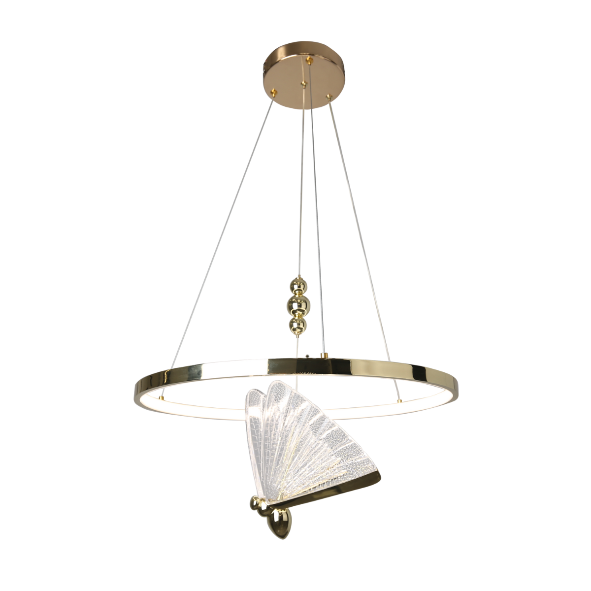 Lampa wisząca Marissa Ring 2xLED 33W w złotym kolorze, z okrągłym metalowym stelażem i dekoracyjnym elementem w kształcie wachlarza. Ujęcie z boku, zawieszona na cienkich linkach, na białym tle.