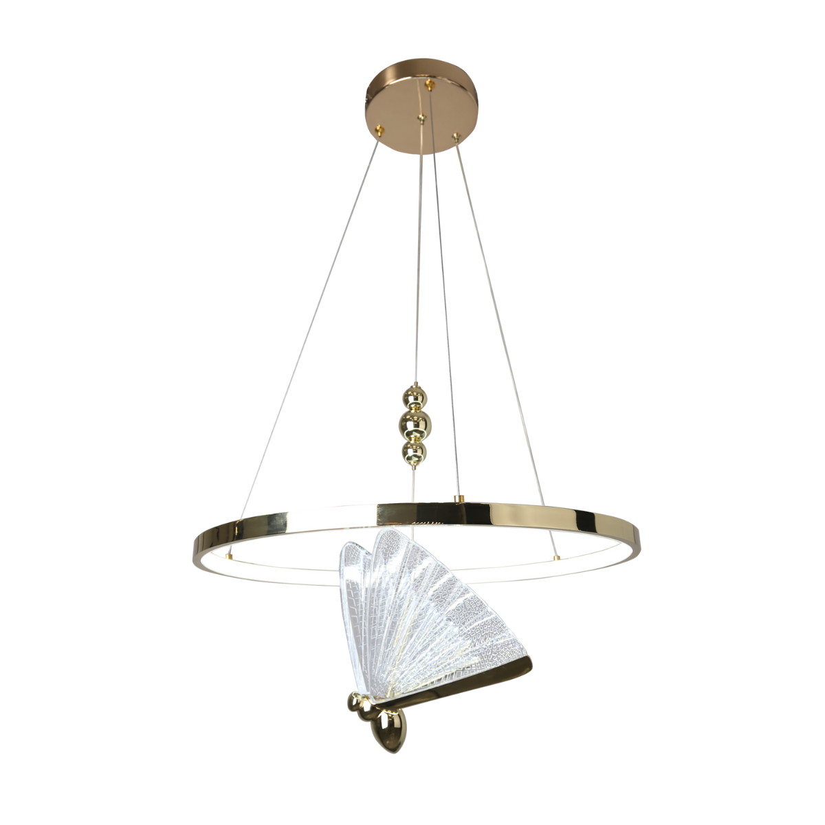 Lampa wisząca Marissa Ring z dwoma źródłami LED 33W, złota, z okrągłym metalowym stelażem i dekoracyjnym kloszem w kształcie wachlarza, zawieszona na cienkich linkach. Przeznaczona do nowoczesnych wnętrz.