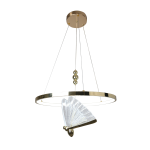 Lampa wisząca Marissa Ring z dwoma źródłami LED 33W, złota, z okrągłym metalowym stelażem i dekoracyjnym kloszem w kształcie wachlarza, zawieszona na cienkich linkach. Przeznaczona do nowoczesnych wnętrz.