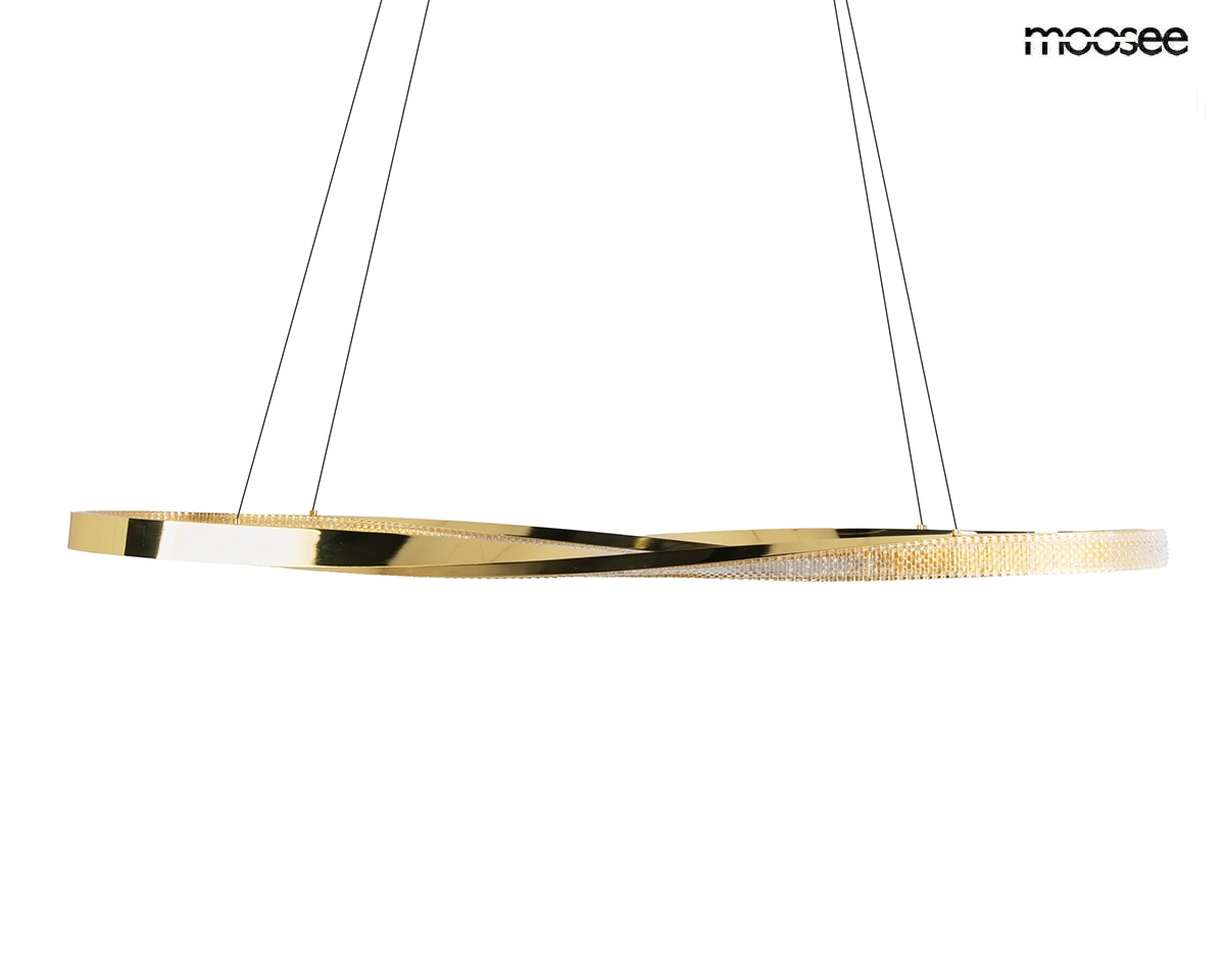 Lampa wisząca LED Anillo o mocy 41W i barwie światła 3000K w kolorze złotym. Posiada nowoczesny, okrągły kształt z dekoracyjną, teksturowaną krawędzią. Zawieszona na cienkich linkach, idealna do nowoczesnych wnętrz.