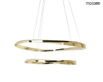 Lampa wisząca Anillo w złotym kolorze z dwoma okręgami, wykonana z metalu, zawiera diody LED o mocy 41W i temperaturze barwowej 3000K. Produkt wisi na cienkich linkach, prezentując nowoczesny design.