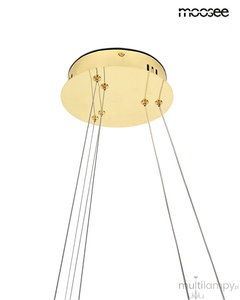 Lampa wisząca Anillo z metalową, złotą podstawą, zawieszona na cienkich, stalowych linkach. Wyposażona w dwa źródła LED o mocy 41W i temperaturze barwowej 3000K. Okrągły kształt, nowoczesny design, idealna do różnorodnych aranżacji wnętrz.