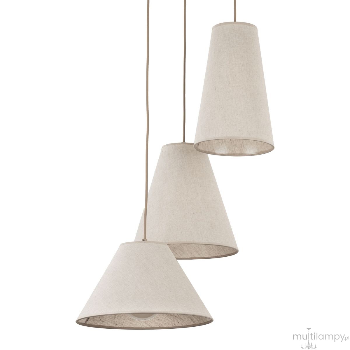 Lampa wisząca Coena Sabia z trzema kloszami w kształcie stożków w odcieniu beżowym, zawieszona na długich przewodach. Klosze mają teksturowaną powierzchnię, co nadaje im naturalny wygląd. Idealna do nowoczesnych wnętrz.