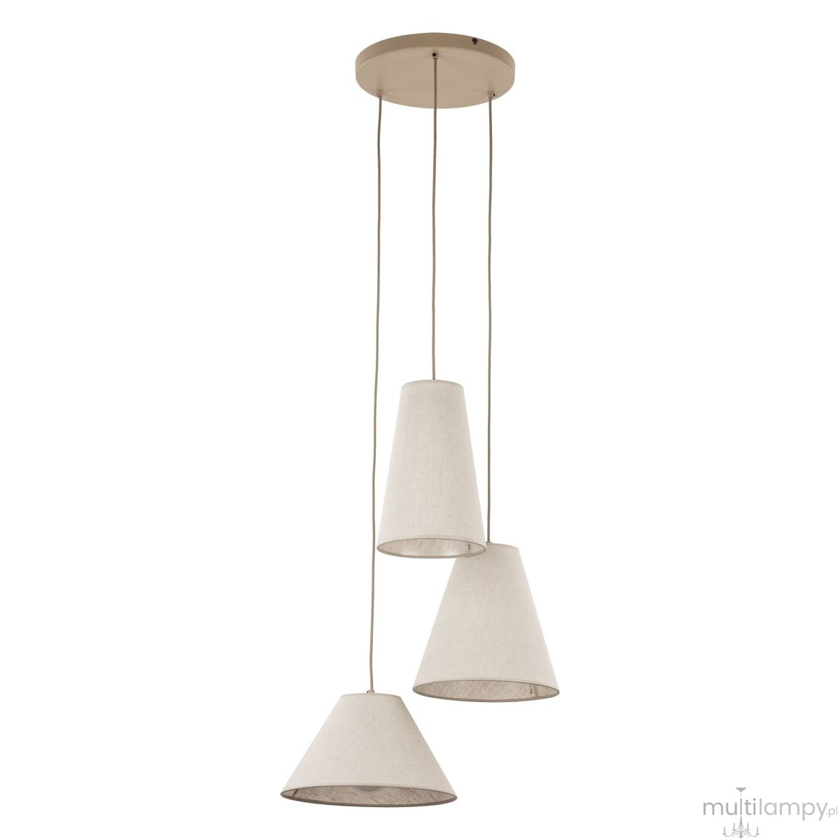 Beżowa lampa wisząca Coena Sabia z trzema kloszami w kształcie stożka, zawieszona na cienkich przewodach. Klosze wykonane z tkaniny, zamontowane na okrągłej podstawie sufitowej. Idealna do nowoczesnych wnętrz.