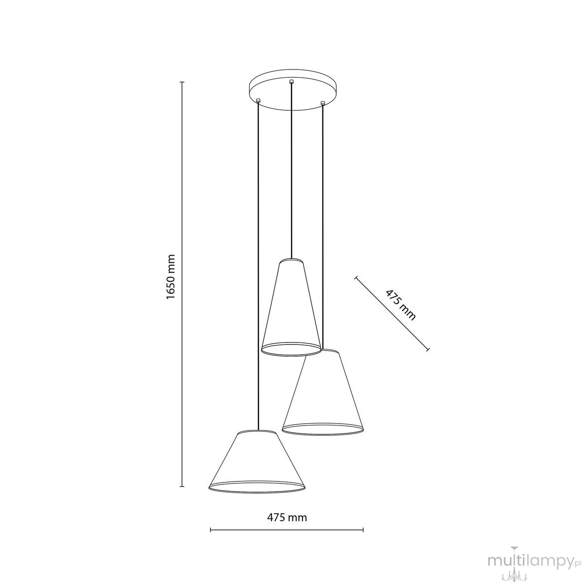 Lampa wisząca Coena Sabia w kolorze beżowym z trzema kloszami w kształcie stożka. Wymiary: wysokość 1650 mm, średnica 475 mm. Zawieszona na cienkich linkach, montowana do sufitu. Idealna do nowoczesnych wnętrz.