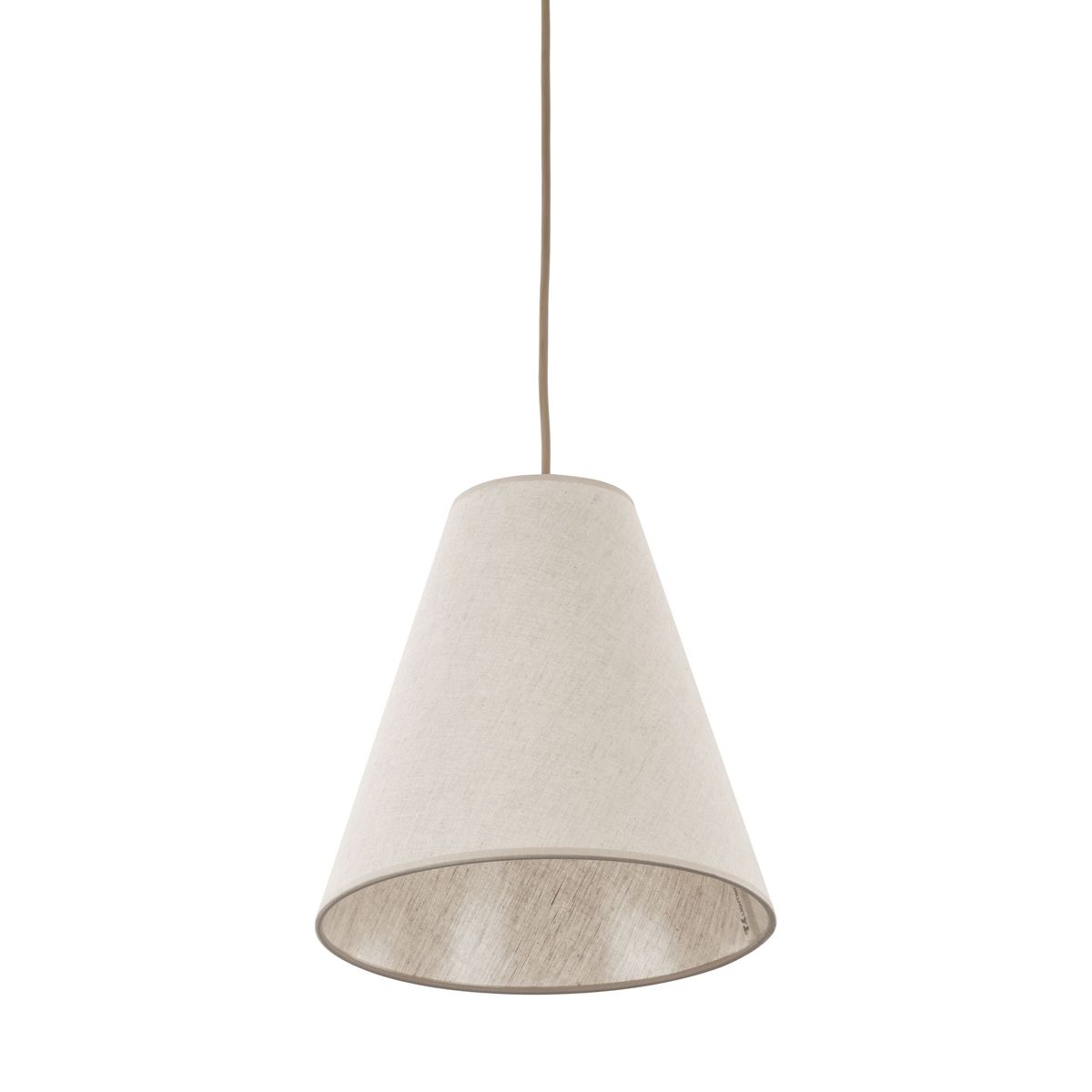 Beżowa lampa wisząca Coena Sabia z kloszem w kształcie stożka, zawieszona na cienkim przewodzie. Klosz wykonany z materiału tekstylnego, z widoczną strukturą. Przeznaczona na żarówkę E27. Prosta, elegancka forma, idealna do nowoczesnych wnętrz.