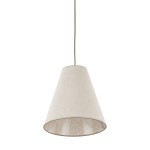 Beżowa lampa wisząca Coena Sabia z kloszem w kształcie stożka, zawieszona na cienkim przewodzie. Klosz wykonany z materiału tekstylnego, z widoczną strukturą. Przeznaczona na żarówkę E27. Prosta, elegancka forma, idealna do nowoczesnych wnętrz.