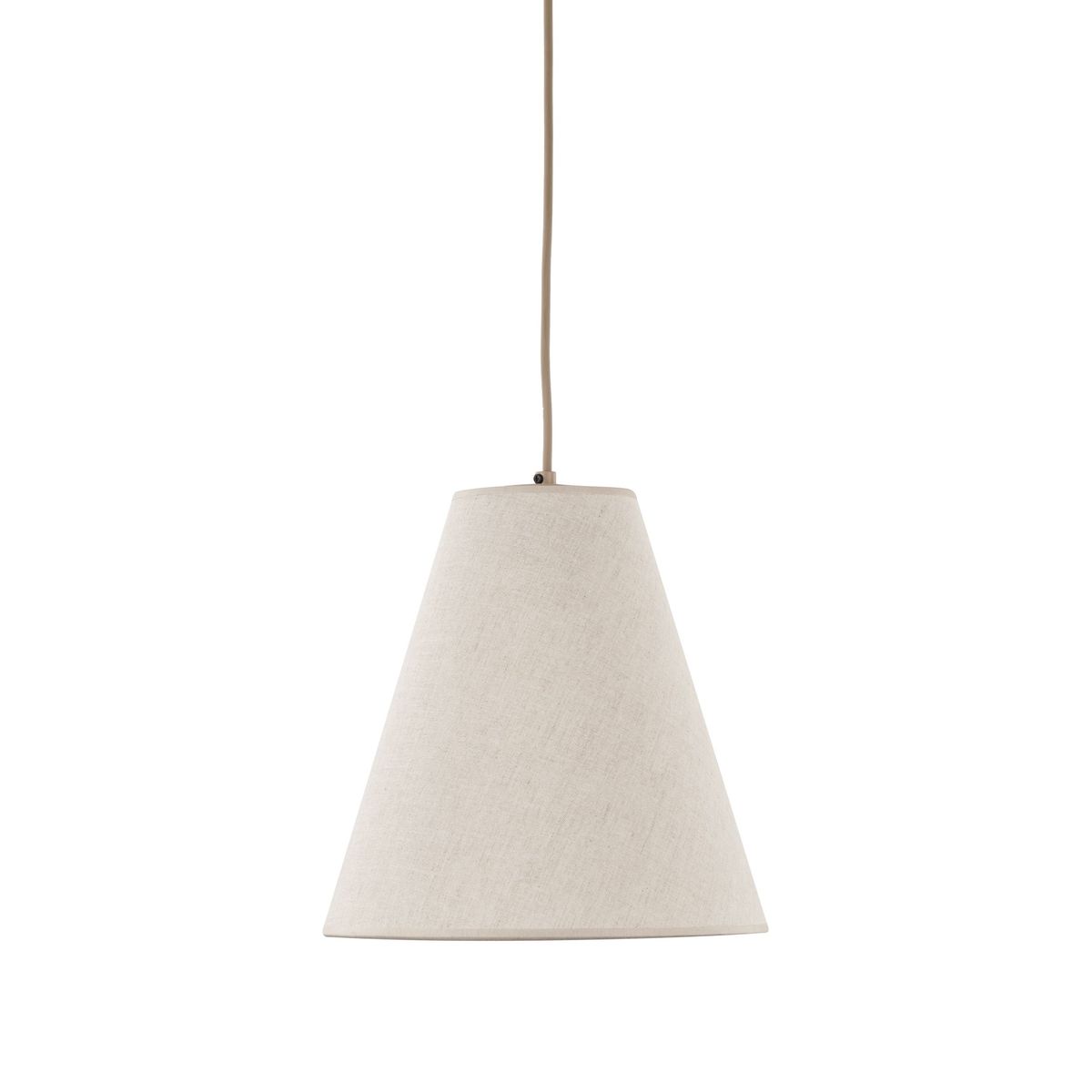 Beżowa lampa wisząca Coena Sabia z kloszem w kształcie stożka, wykonana z tkaniny. Zawieszona na długim przewodzie, idealna do nowoczesnych wnętrz. Wymaga żarówki E27. Tło białe, minimalistyczne.