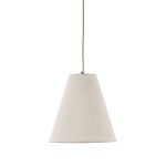 Beżowa lampa wisząca Coena Sabia z kloszem w kształcie stożka, wykonana z tkaniny. Zawieszona na długim przewodzie, idealna do nowoczesnych wnętrz. Wymaga żarówki E27. Tło białe, minimalistyczne.
