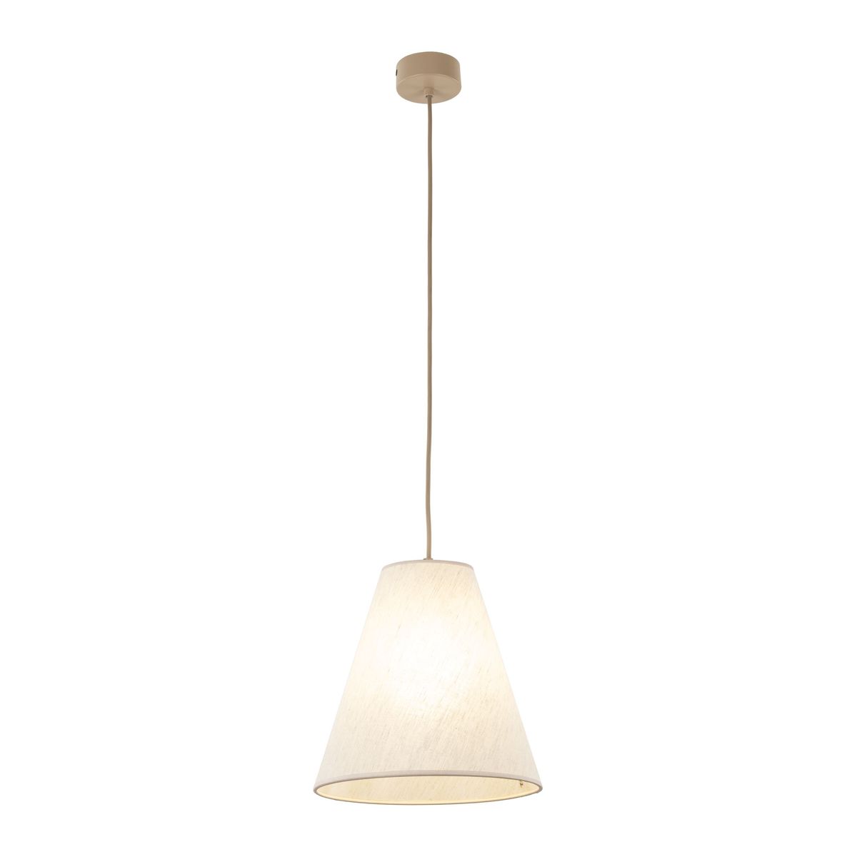 Beżowa lampa wisząca Coena Sabia z kloszem w kształcie stożka, zawieszona na długim kablu. Wykonana z materiału tekstylnego, z oprawką na żarówkę E27. Prosta forma, idealna do nowoczesnych wnętrz, na jednolitym tle.