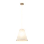 Beżowa lampa wisząca Coena Sabia z kloszem w kształcie stożka, zawieszona na długim kablu. Wykonana z materiału tekstylnego, z oprawką na żarówkę E27. Prosta forma, idealna do nowoczesnych wnętrz, na jednolitym tle.