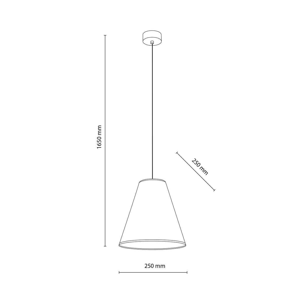 Beżowa lampa wisząca Coena Sabia z oprawą na żarówkę E27, w kształcie stożka. Ujęcie z boku, pokazujące długość kabla 1650 mm oraz średnicę klosza 250 mm. Prosta konstrukcja, idealna do nowoczesnych wnętrz.