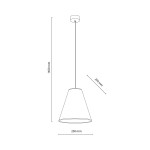 Beżowa lampa wisząca Coena Sabia z oprawą na żarówkę E27, w kształcie stożka. Ujęcie z boku, pokazujące długość kabla 1650 mm oraz średnicę klosza 250 mm. Prosta konstrukcja, idealna do nowoczesnych wnętrz.