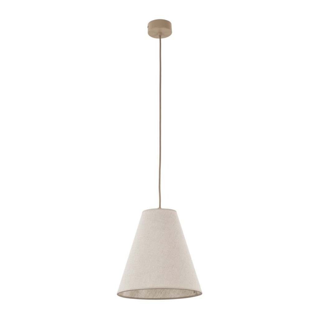 Beżowa lampa wisząca Coena Sabia z kloszem w kształcie stożka, zawieszona na długim przewodzie. Prosta, teksturowana powierzchnia klosza oraz okrągłe mocowanie sufitowe. Idealna do nowoczesnych wnętrz.