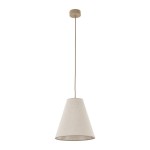 Beżowa lampa wisząca Coena Sabia z kloszem w kształcie stożka, zawieszona na długim przewodzie. Prosta, teksturowana powierzchnia klosza oraz okrągłe mocowanie sufitowe. Idealna do nowoczesnych wnętrz.
