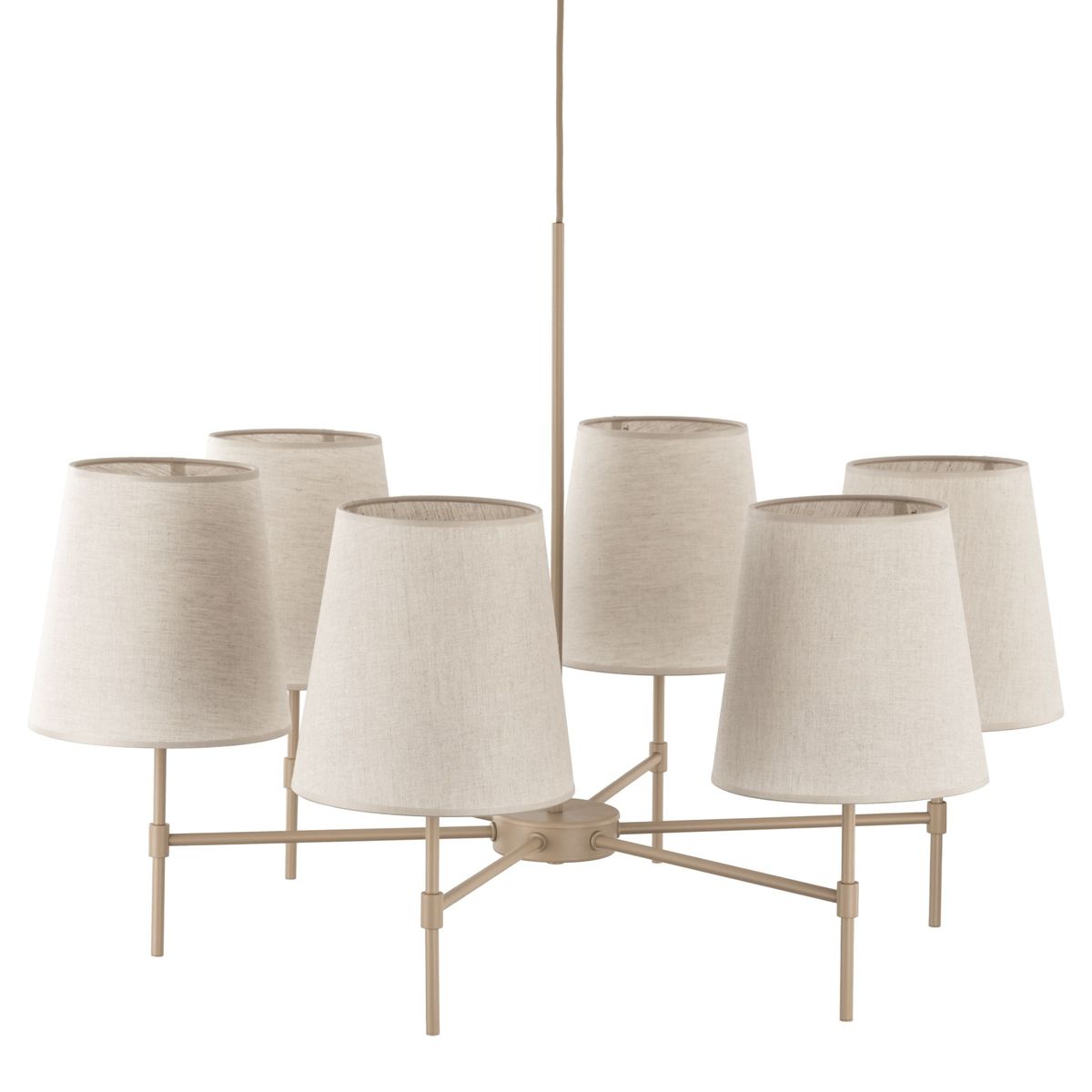 Beżowy żyrandol Elizabeth Sabia z sześcioma abażurami w kształcie stożka, mocowany na metalowej konstrukcji. Ujęcie frontalne, z wiszącym przewodem, idealny do nowoczesnych wnętrz.