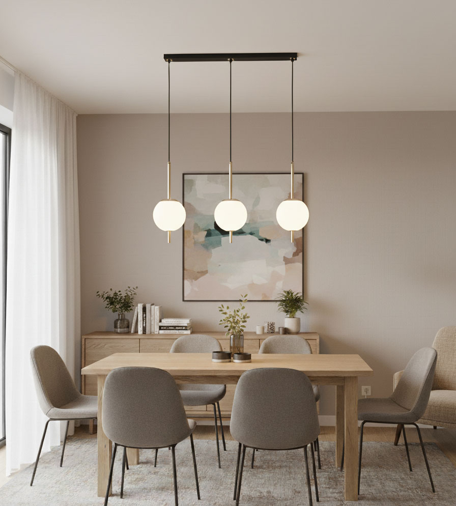 Lampa wisząca Diora w kolorze czarno-złotym, z trzema okrągłymi kloszami, zawieszona na prostokątnej podstawie. Ujęcie z dołu, w nowoczesnym wnętrzu jadalni z drewnianym stołem i szarymi krzesłami.