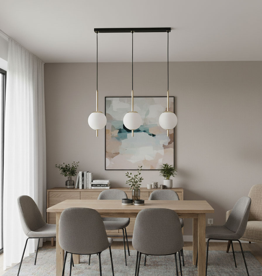 Lampa wisząca Diora w kolorze czarno-złotym z trzema okrągłymi kloszami w białym kolorze, zawieszona na prostokątnej podstawie. Ujęcie z przodu, w aranżacji jadalni z drewnianym stołem i szarymi krzesłami.