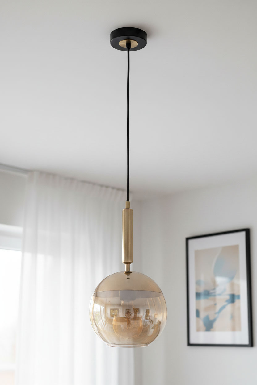 Lampa wisząca Volda New 1-punktowa w kolorze czarnym i złotym. Szklany klosz w formie kuli, zawieszony na czarnym przewodzie. Złota osłona przy suficie, lampa w pozycji wiszącej, na tle jasnej ściany i zasłon.
