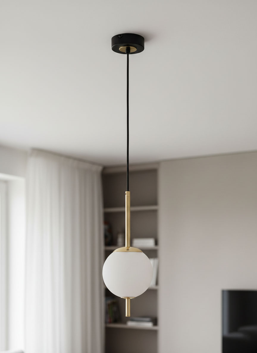 Lampa wisząca Diora z kolorami czarnym i złotym, z białym szklanym kloszem w kształcie kuli. Zawieszona na czarnym przewodzie, z metalowym mocowaniem. Ujęcie z góry, w tle jasne wnętrze z regałem.